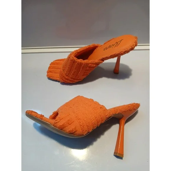 LIAYANA Orange Terry Cloth Open Toe Square Toe Heels Women Size 9 - Picture 5 of 9
